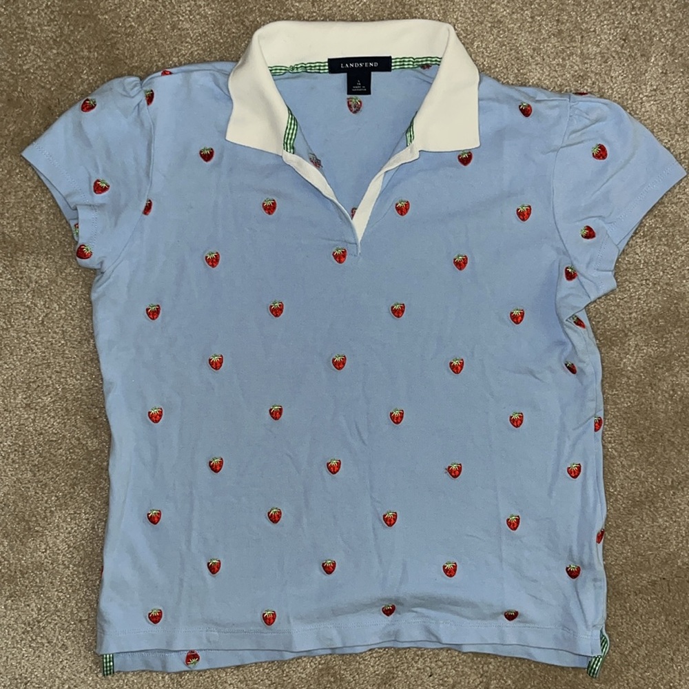 Lands' End Blue Strawberry Print Girl Kids Polo Shirt L 14